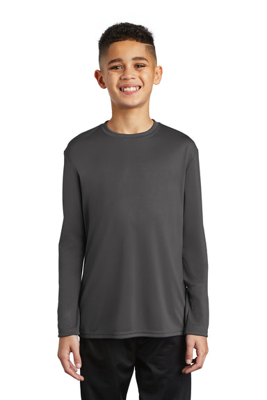 Port & Company PC380YLS Youth Dry Zone Performance Moisture Wicking Long Sleeve Crewneck T-Shirt Charcoal Grey Model Front