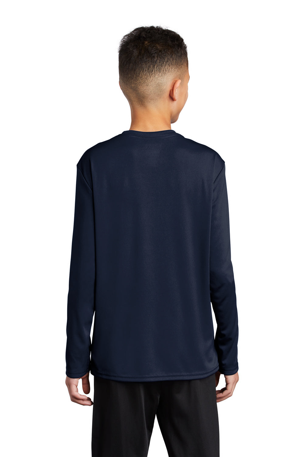 Port & Company PC380YLS Youth Dry Zone Performance Moisture Wicking Long Sleeve Crewneck T-Shirt Deep Navy Blue Model Back