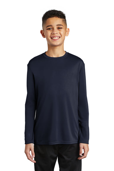 Port & Company PC380YLS Youth Dry Zone Performance Moisture Wicking Long Sleeve Crewneck T-Shirt Deep Navy Blue Model Front