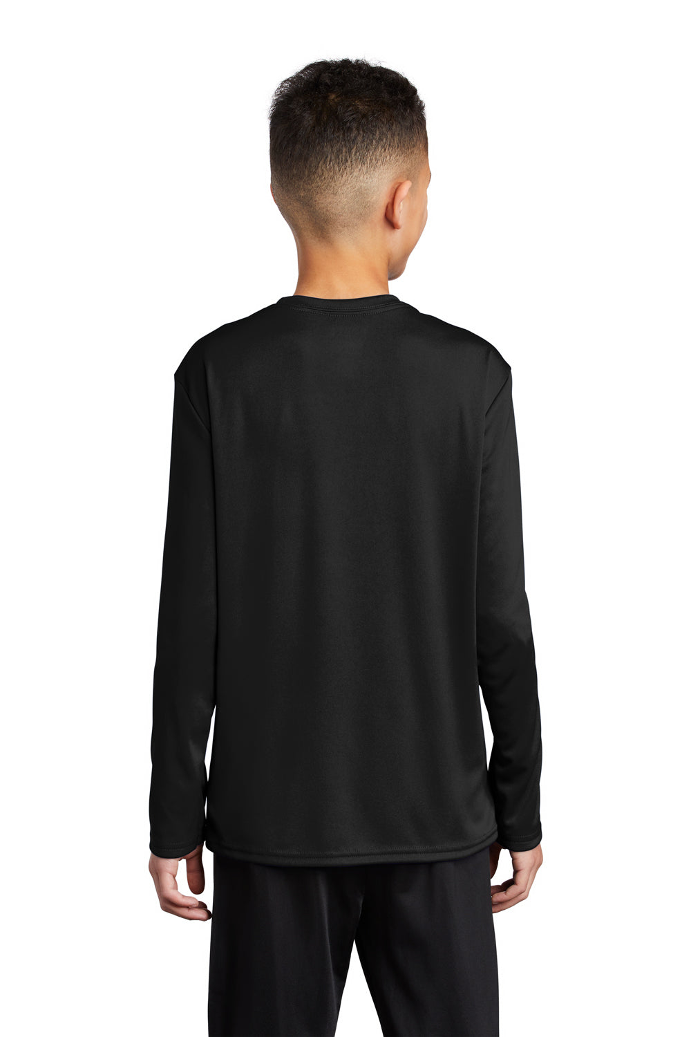 Port & Company PC380YLS Youth Dry Zone Performance Moisture Wicking Long Sleeve Crewneck T-Shirt Jet Black Model Back