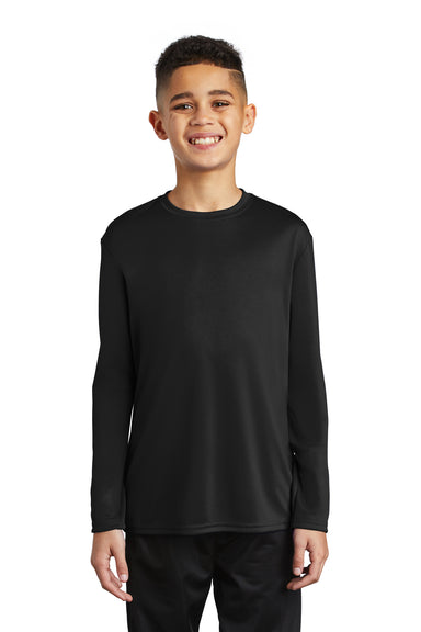 Port & Company PC380YLS Youth Dry Zone Performance Moisture Wicking Long Sleeve Crewneck T-Shirt Jet Black Model Front