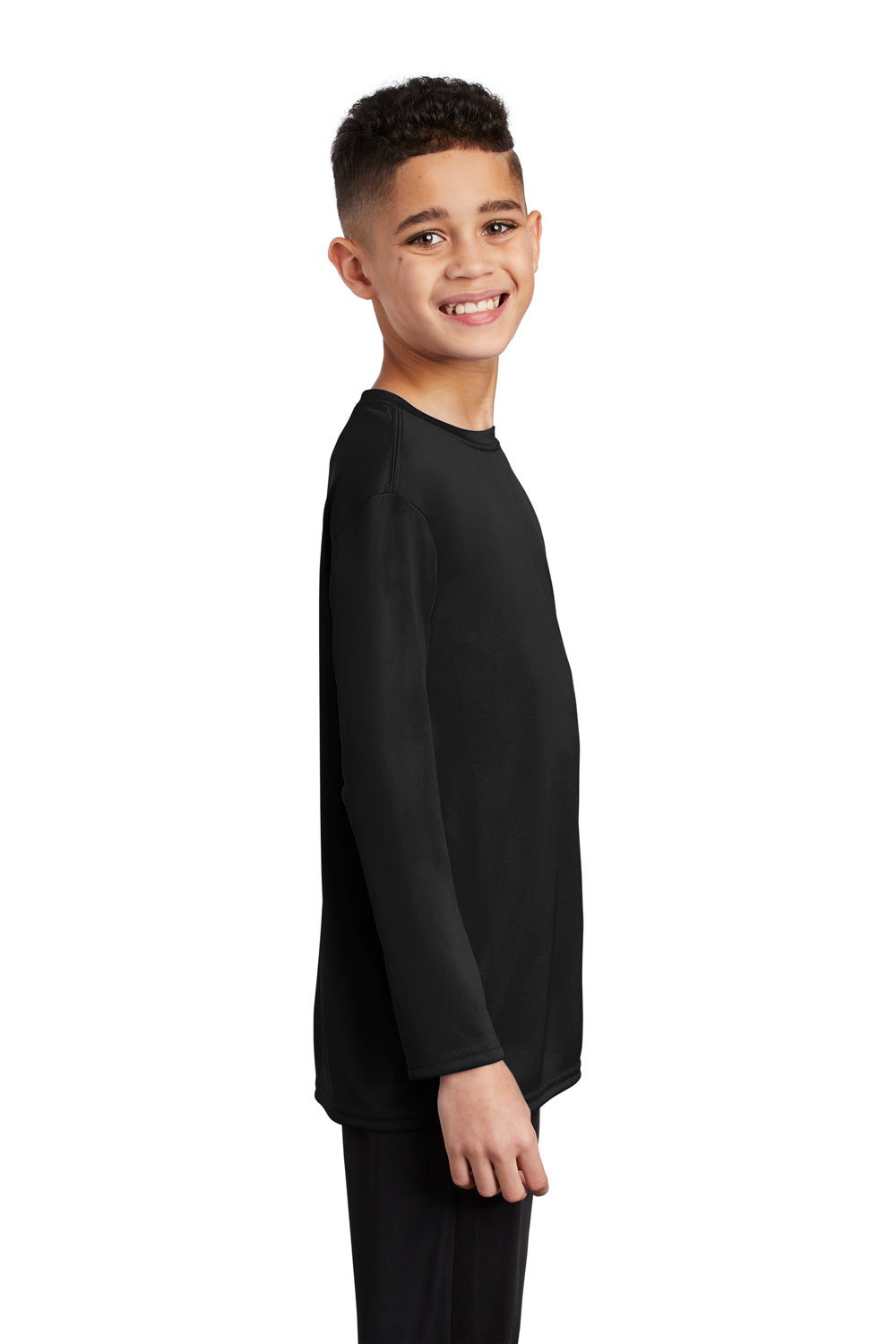 Port & Company PC380YLS Youth Dry Zone Performance Moisture Wicking Long Sleeve Crewneck T-Shirt Jet Black Model Side