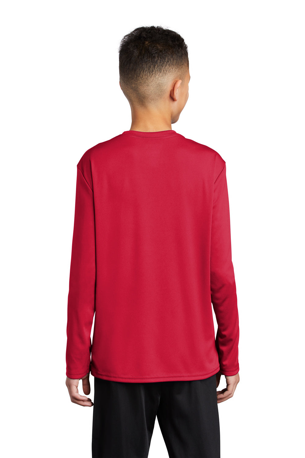 Port & Company PC380YLS Youth Dry Zone Performance Moisture Wicking Long Sleeve Crewneck T-Shirt Red Model Back