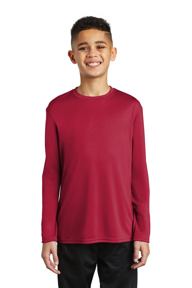 Port & Company PC380YLS Youth Dry Zone Performance Moisture Wicking Long Sleeve Crewneck T-Shirt Red Model Front