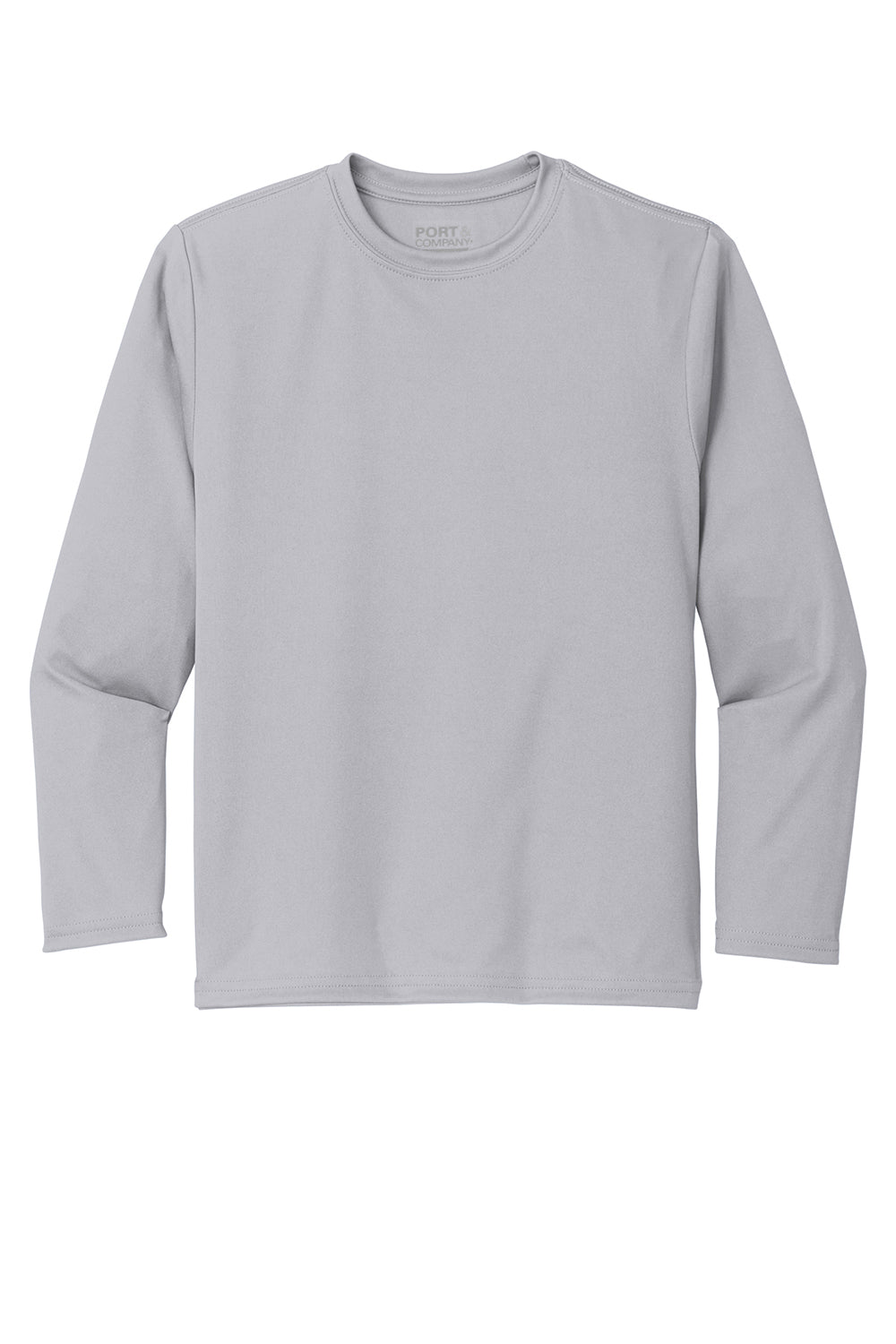 Port & Company PC380YLS Youth Dry Zone Performance Moisture Wicking Long Sleeve Crewneck T-Shirt Silver Grey Flat Front