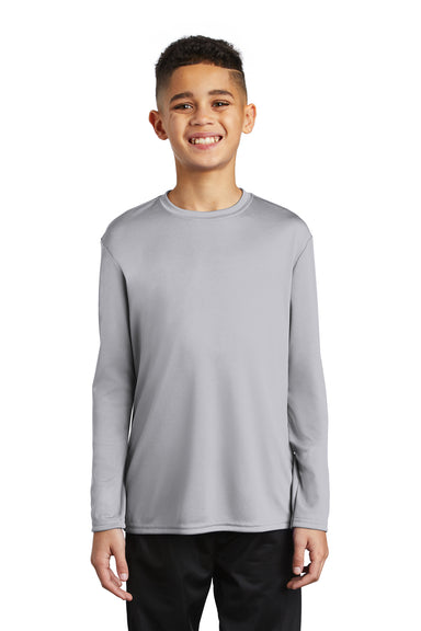 Port & Company PC380YLS Youth Dry Zone Performance Moisture Wicking Long Sleeve Crewneck T-Shirt Silver Grey Model Front