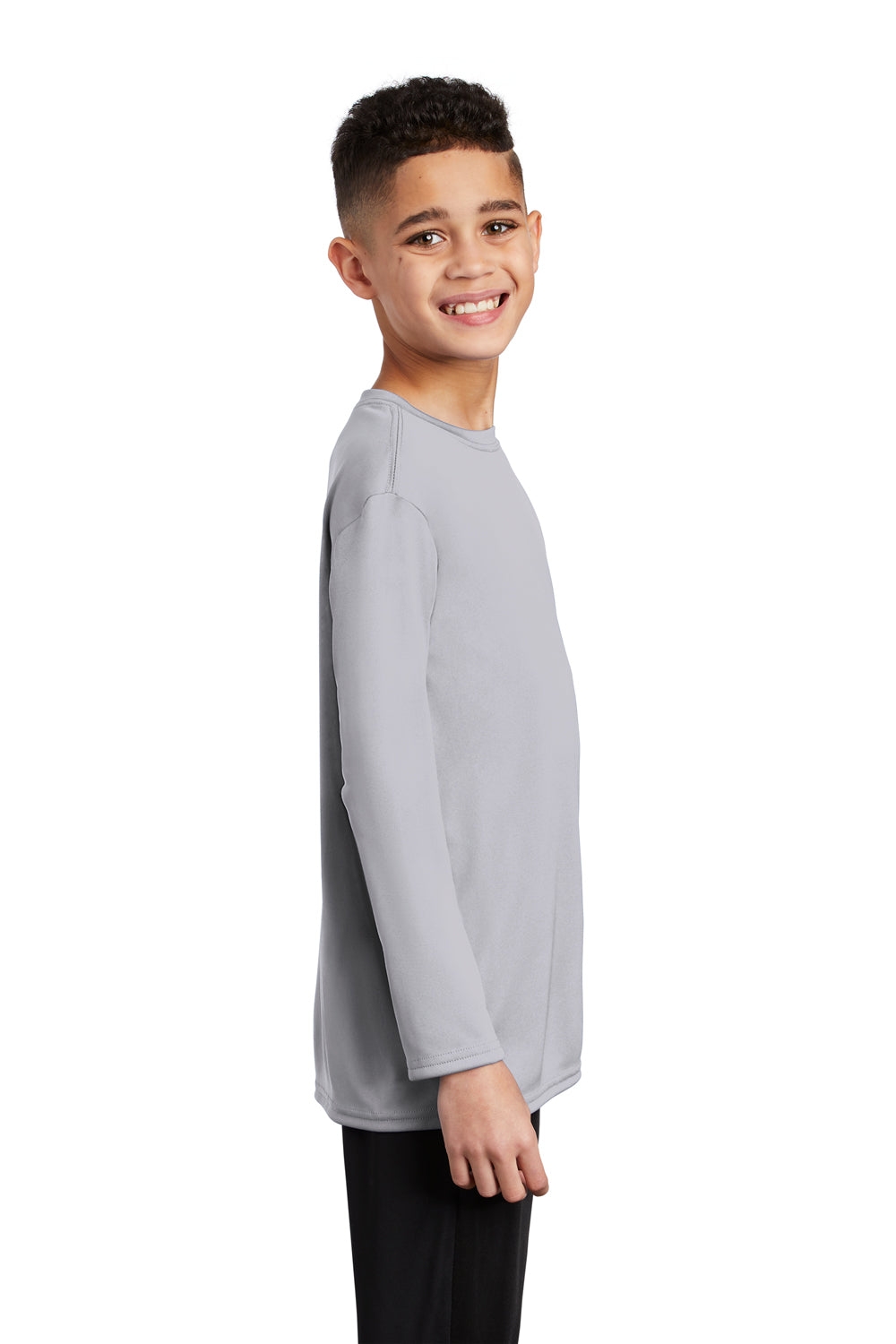 Port & Company PC380YLS Youth Dry Zone Performance Moisture Wicking Long Sleeve Crewneck T-Shirt Silver Grey Model Side