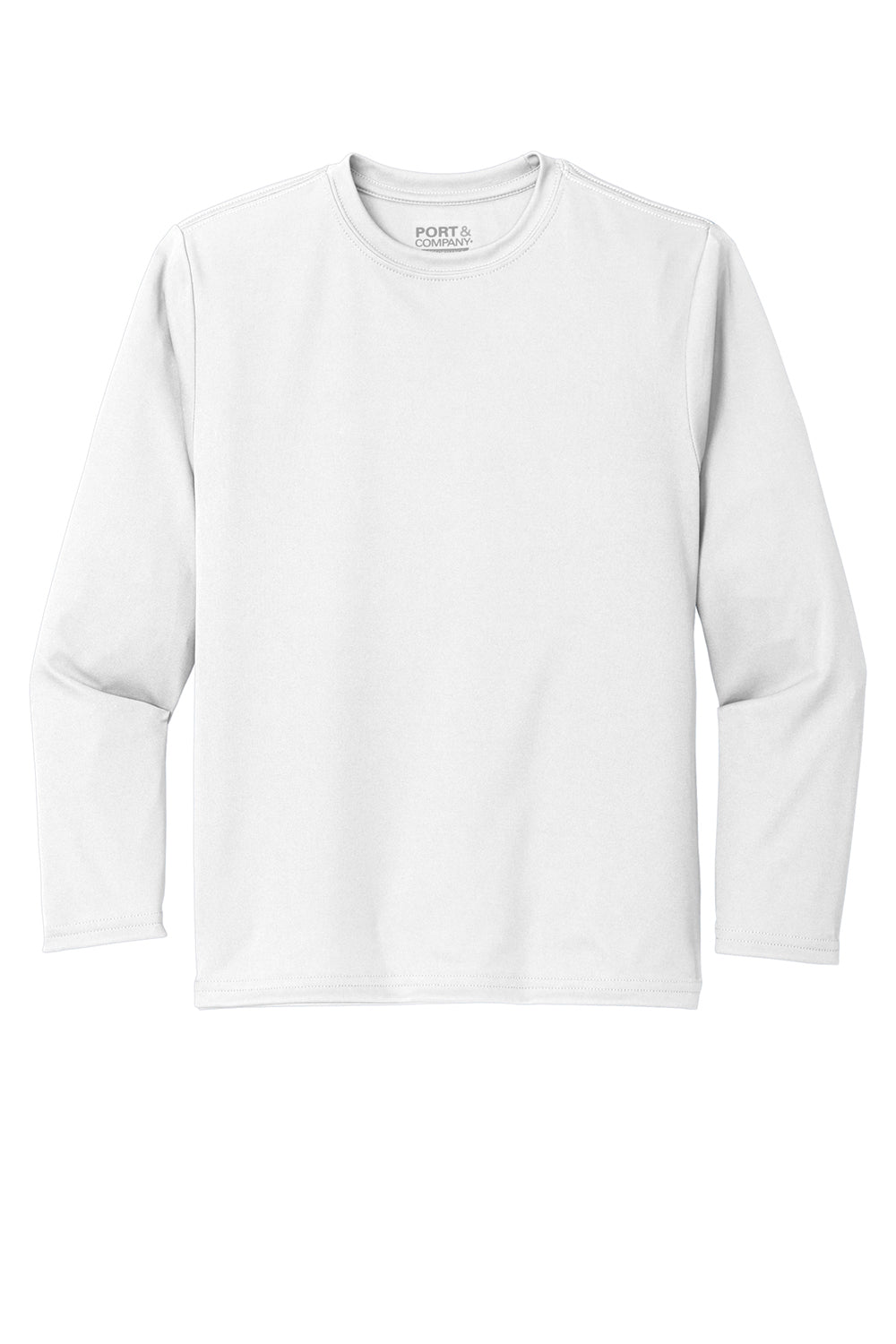 Port & Company PC380YLS Youth Dry Zone Performance Moisture Wicking Long Sleeve Crewneck T-Shirt White Flat Front