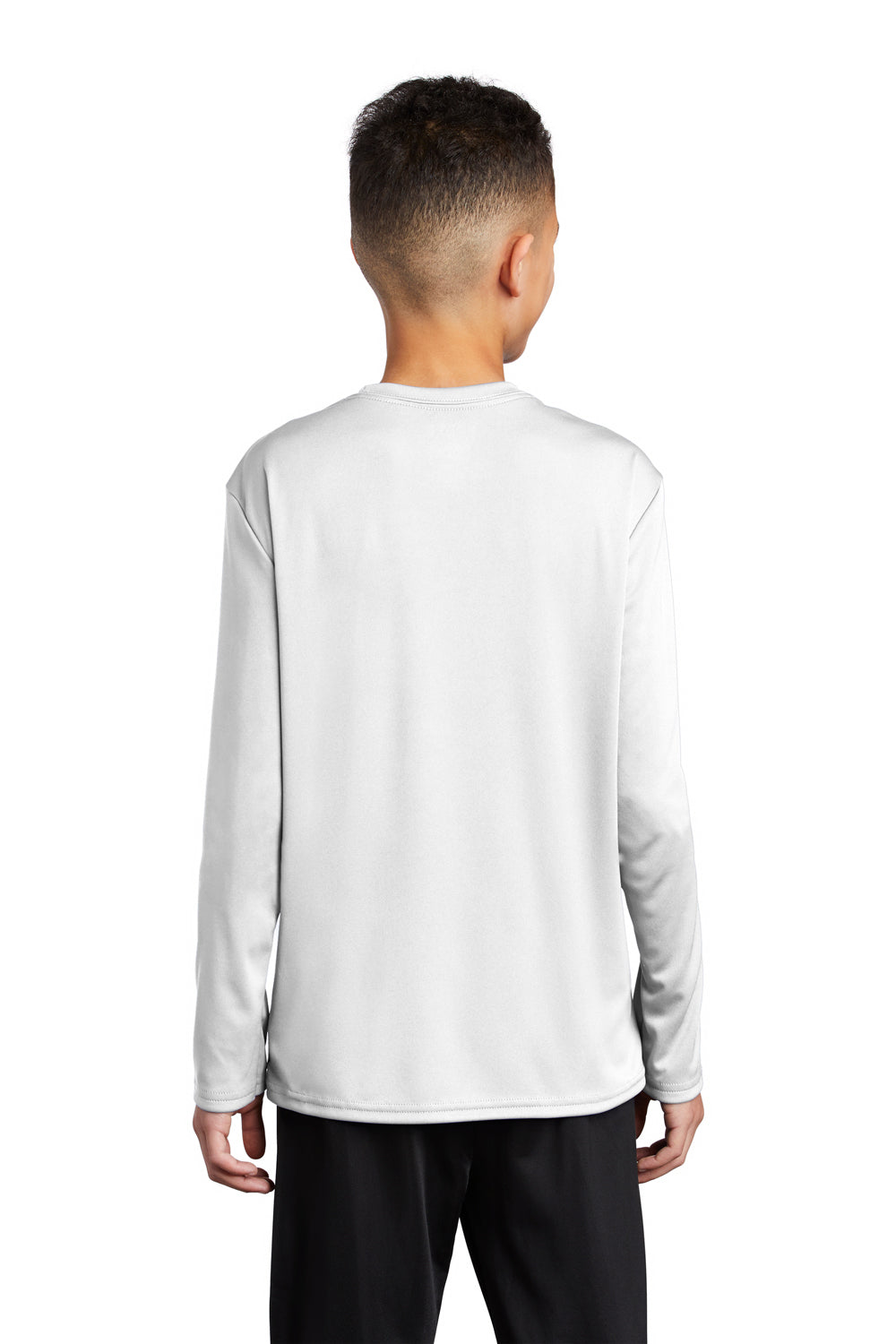 Port & Company PC380YLS Youth Dry Zone Performance Moisture Wicking Long Sleeve Crewneck T-Shirt White Model Back