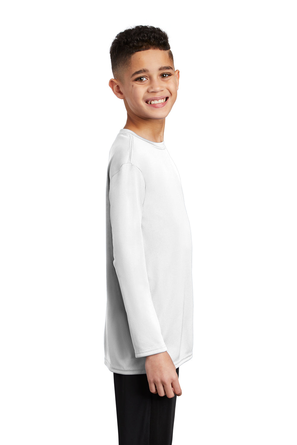 Port & Company PC380YLS Youth Dry Zone Performance Moisture Wicking Long Sleeve Crewneck T-Shirt White Model Side