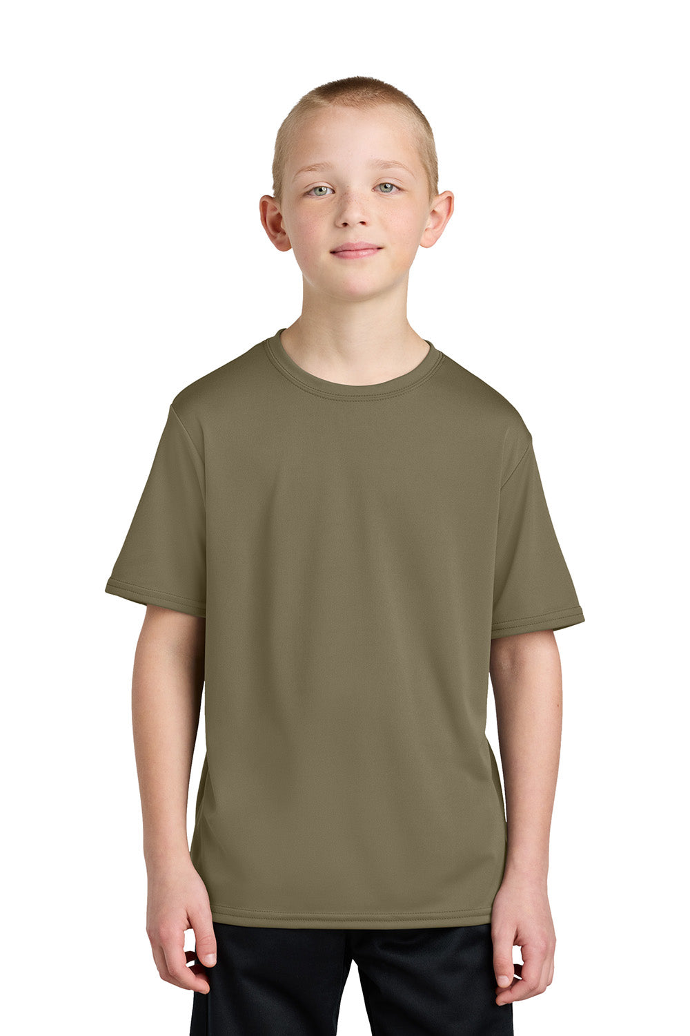 Port & Company PC380Y Youth Dry Zone Performance Moisture Wicking Short Sleeve Crewneck T-Shirt Coyote Brown Model Front