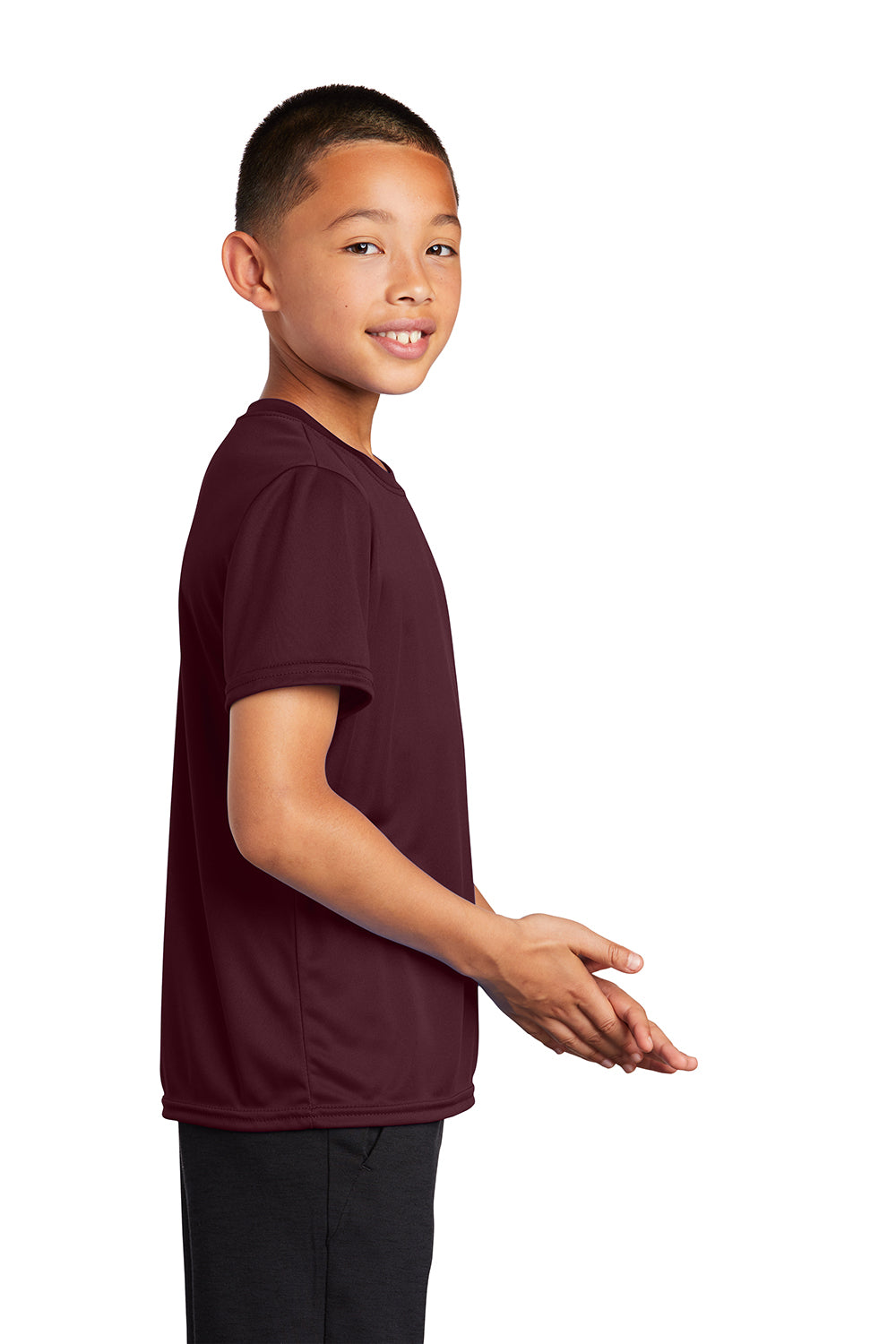 Port & Company PC380Y Youth Dry Zone Performance Moisture Wicking Short Sleeve Crewneck T-Shirt Athletic Maroon Model Side