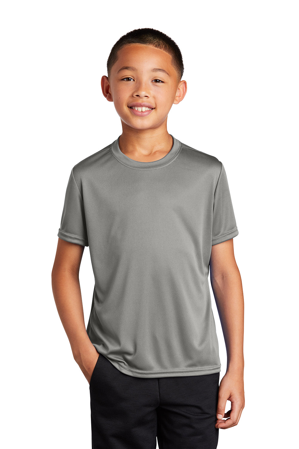 Port & Company PC380Y Youth Dry Zone Performance Moisture Wicking Short Sleeve Crewneck T-Shirt Concrete Grey Model Front