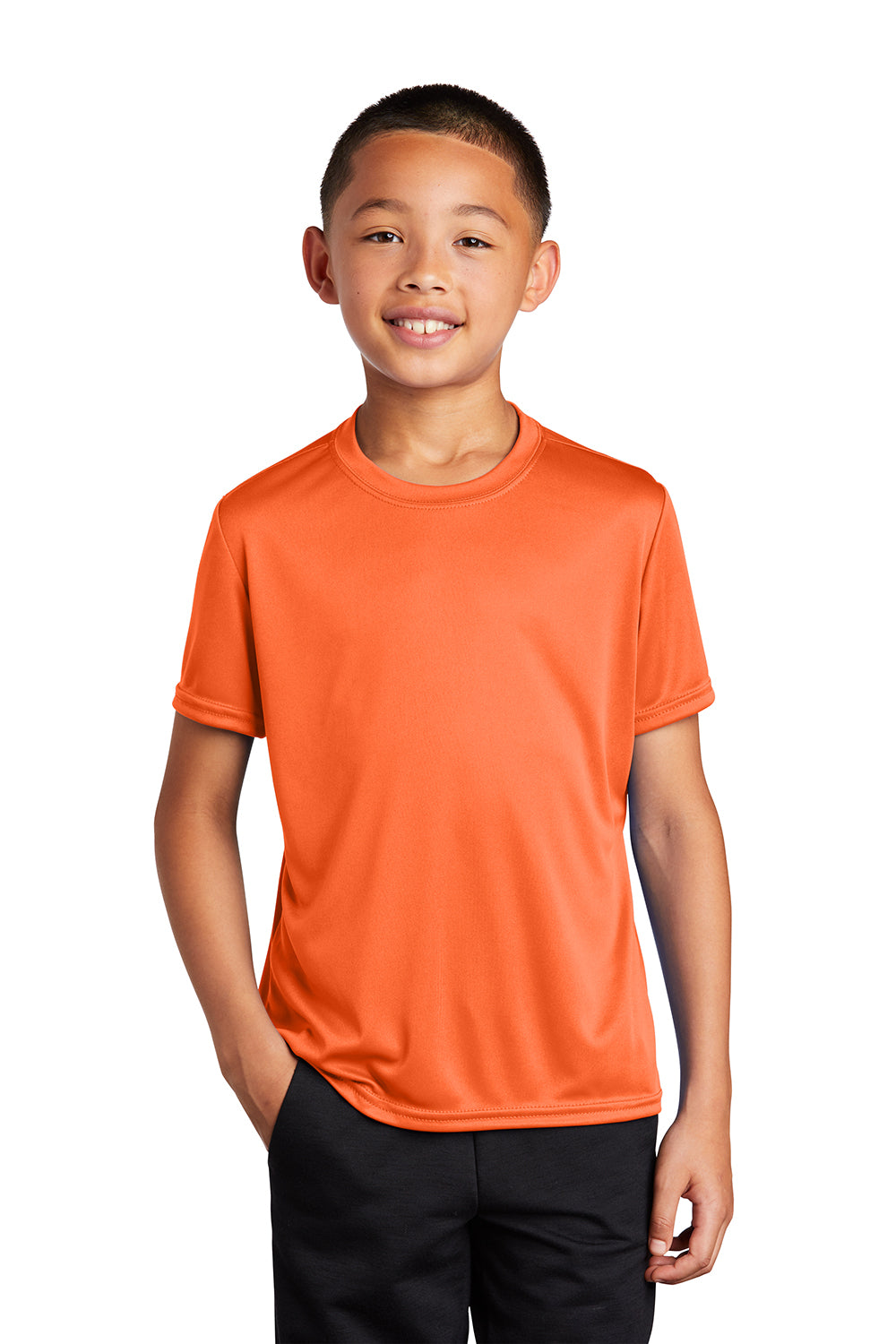 Port & Company PC380Y Youth Dry Zone Performance Moisture Wicking Short Sleeve Crewneck T-Shirt Neon Orange Model Front