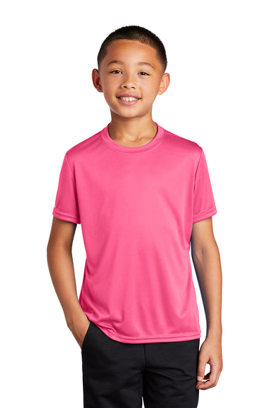 Port & Company PC380Y Youth Dry Zone Performance Moisture Wicking Short Sleeve Crewneck T-Shirt Neon Pink Model Front