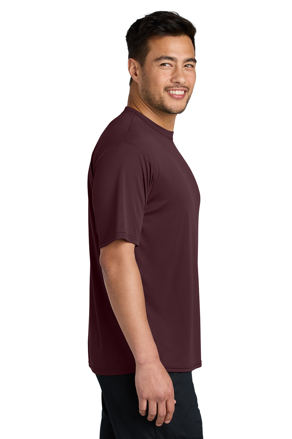 Port & Company PC380 Mens Dry Zone Performance Moisture Wicking Short Sleeve Crewneck T-Shirt Athletic Maroon Model Side