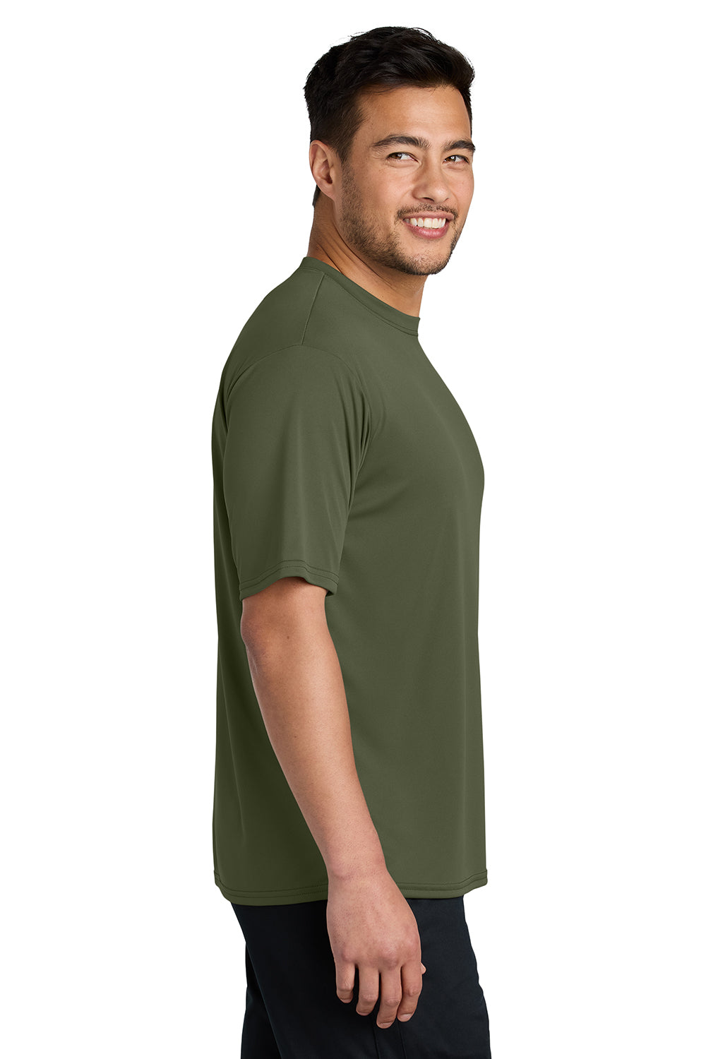 Port & Company PC380 Mens Dry Zone Performance Moisture Wicking Short Sleeve Crewneck T-Shirt Olive Drab Green Model Side