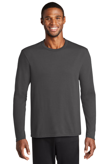 Port & Company PC381LS Mens Dry Zone Performance Moisture Wicking Long Sleeve Crewneck T-Shirt Charcoal Grey Model Front