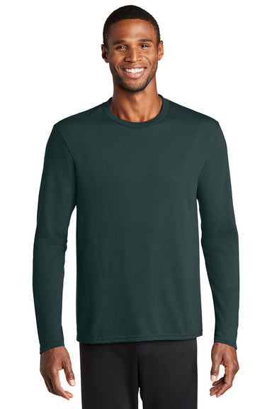 Port & Company PC381LS Mens Dry Zone Performance Moisture Wicking Long Sleeve Crewneck T-Shirt Dark Green Model Front