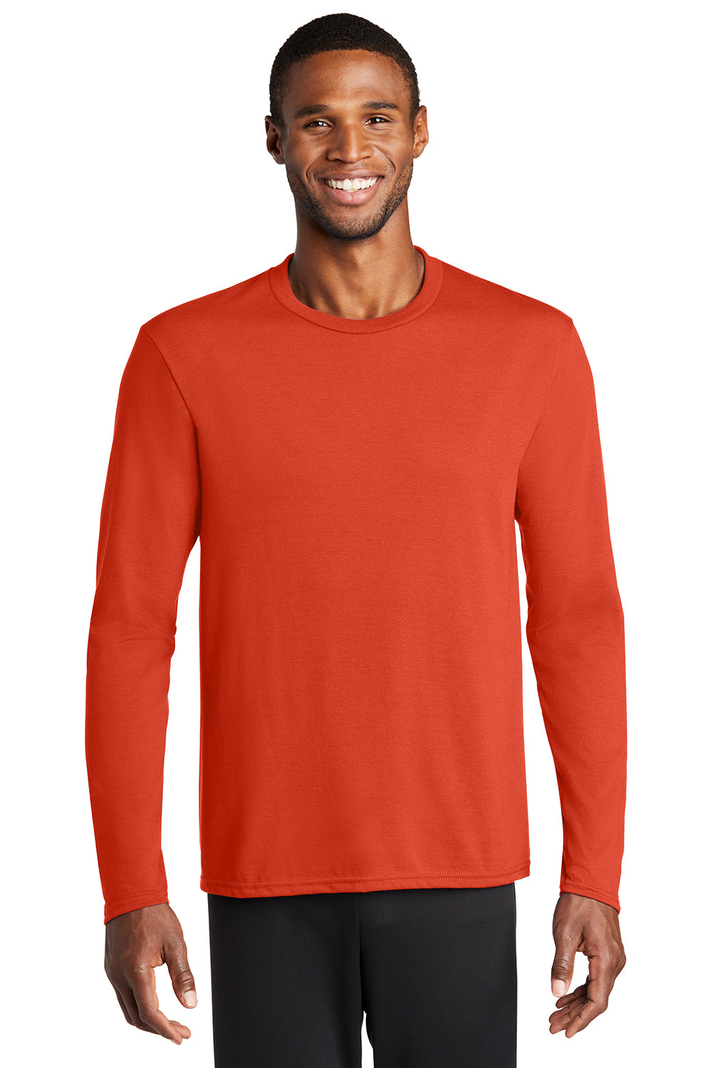 Port & Company PC381LS Mens Dry Zone Performance Moisture Wicking Long Sleeve Crewneck T-Shirt Orange Model Front