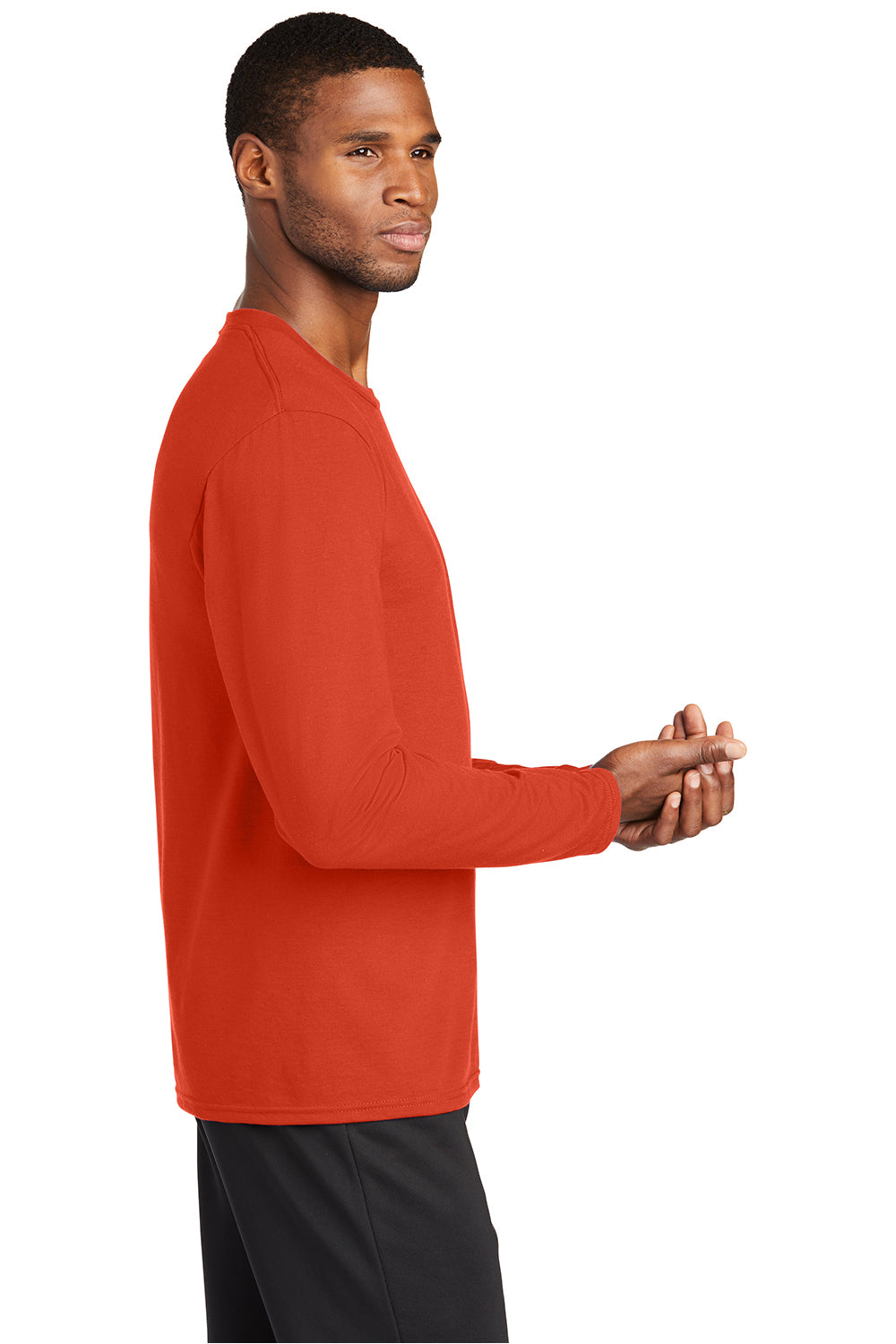 Port & Company PC381LS Mens Dry Zone Performance Moisture Wicking Long Sleeve Crewneck T-Shirt Orange Model Side