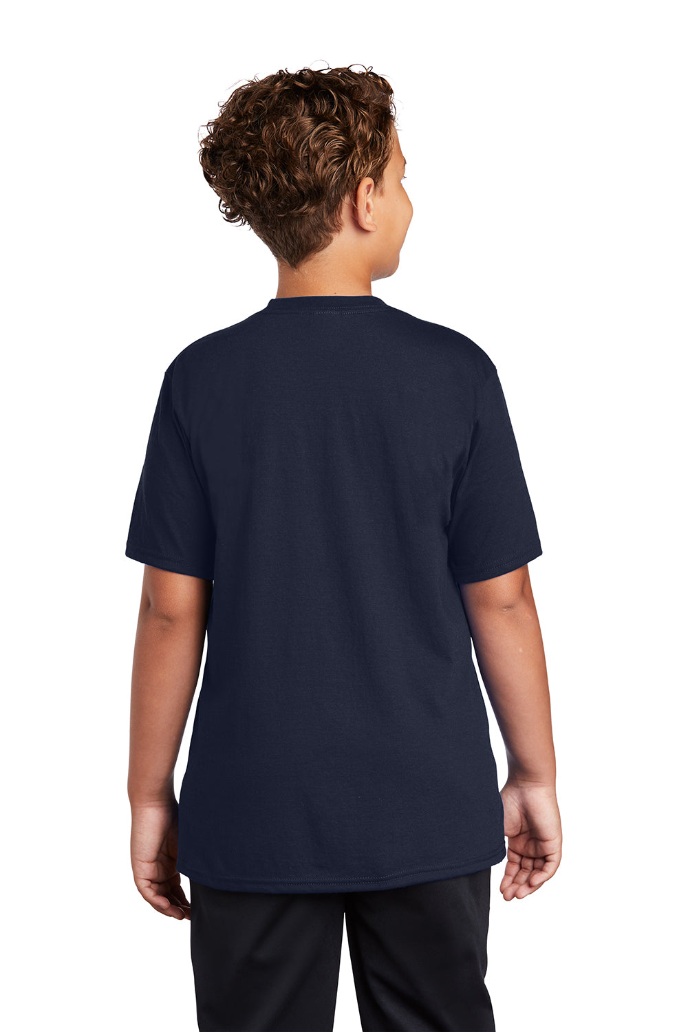 Port & Company PC381Y Youth Dry Zone Performance Moisture Wicking Short Sleeve Crewneck T-Shirt Deep Navy Blue Model Back