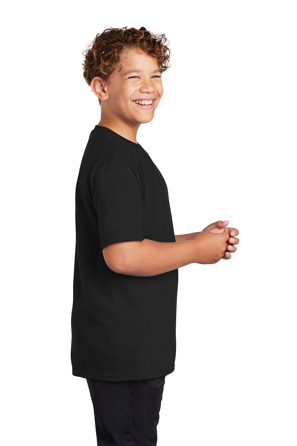 Port & Company PC381Y Youth Dry Zone Performance Moisture Wicking Short Sleeve Crewneck T-Shirt Jet Black Model Side