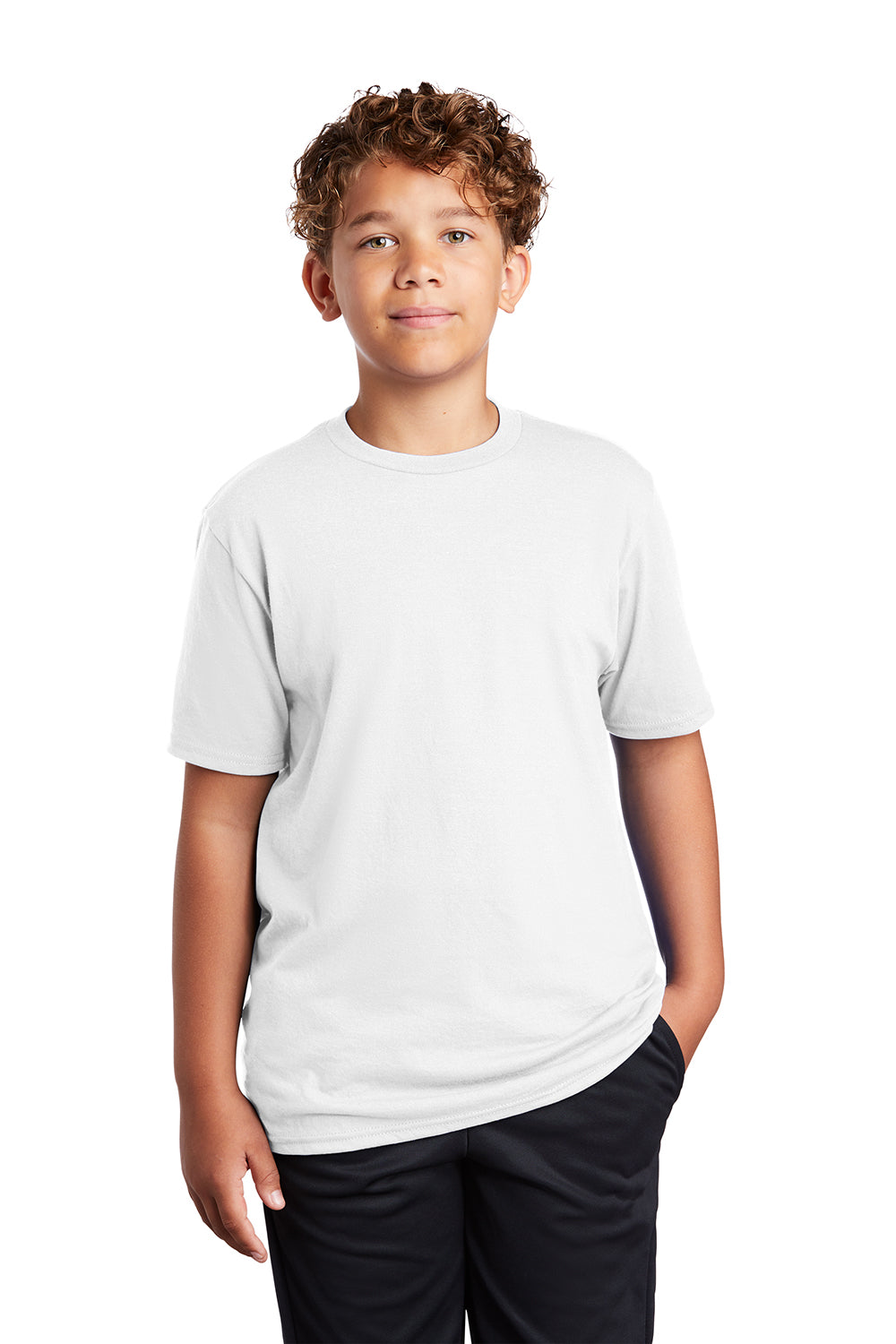 Port & Company PC381Y Youth Dry Zone Performance Moisture Wicking Short Sleeve Crewneck T-Shirt White Model Front