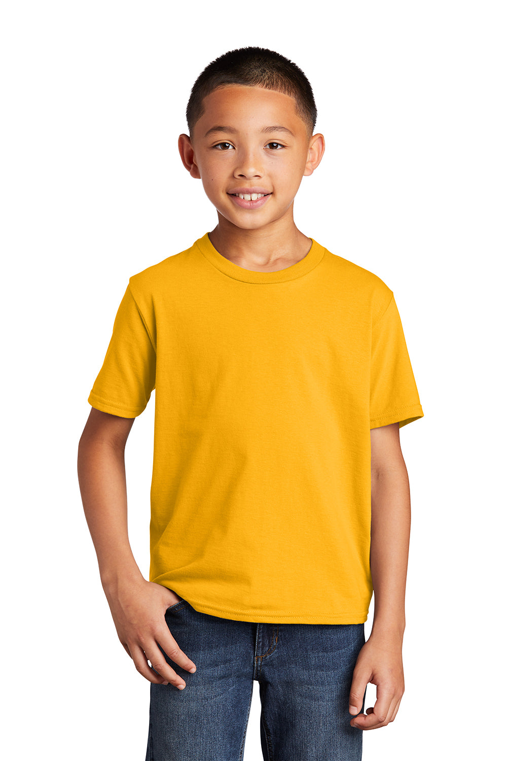 Port & Company PC450Y Youth Fan Favorite Short Sleeve Crewneck T-Shirt Bright Gold Model Front