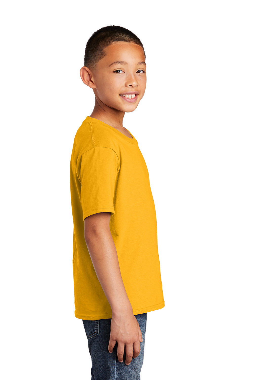 Port & Company PC450Y Youth Fan Favorite Short Sleeve Crewneck T-Shirt Bright Gold Model Side