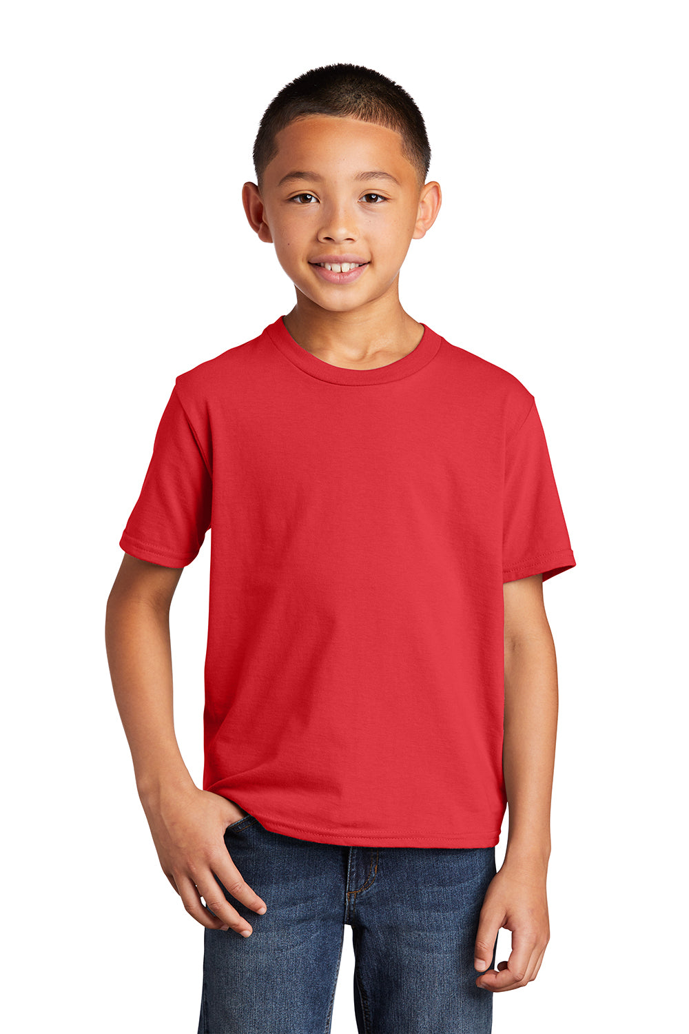 Port & Company PC450Y Youth Fan Favorite Short Sleeve Crewneck T-Shirt Bright Red Model Front