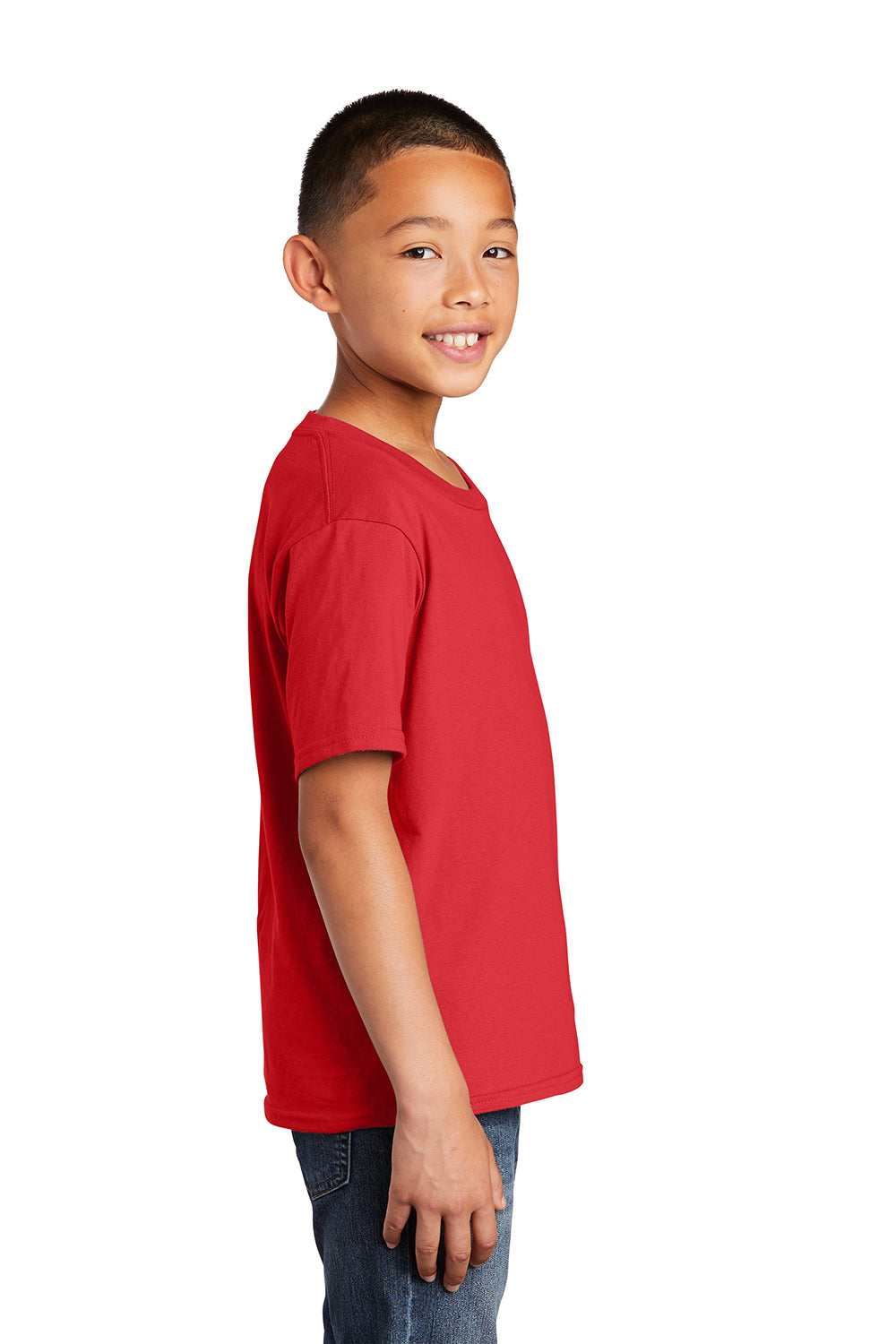 Port & Company PC450Y Youth Fan Favorite Short Sleeve Crewneck T-Shirt Bright Red Model Side