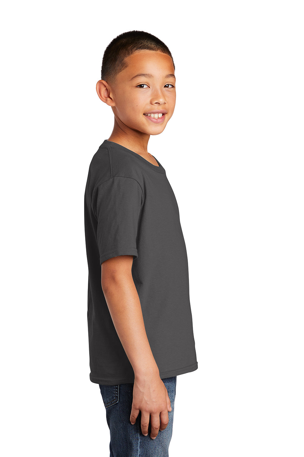 Port & Company PC450Y Youth Fan Favorite Short Sleeve Crewneck T-Shirt Charcoal Grey Model Side