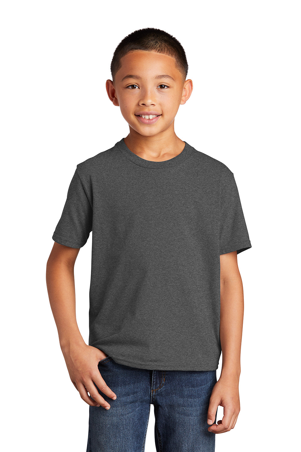 Port & Company PC450Y Youth Fan Favorite Short Sleeve Crewneck T-Shirt Heather Dark Grey Model Front