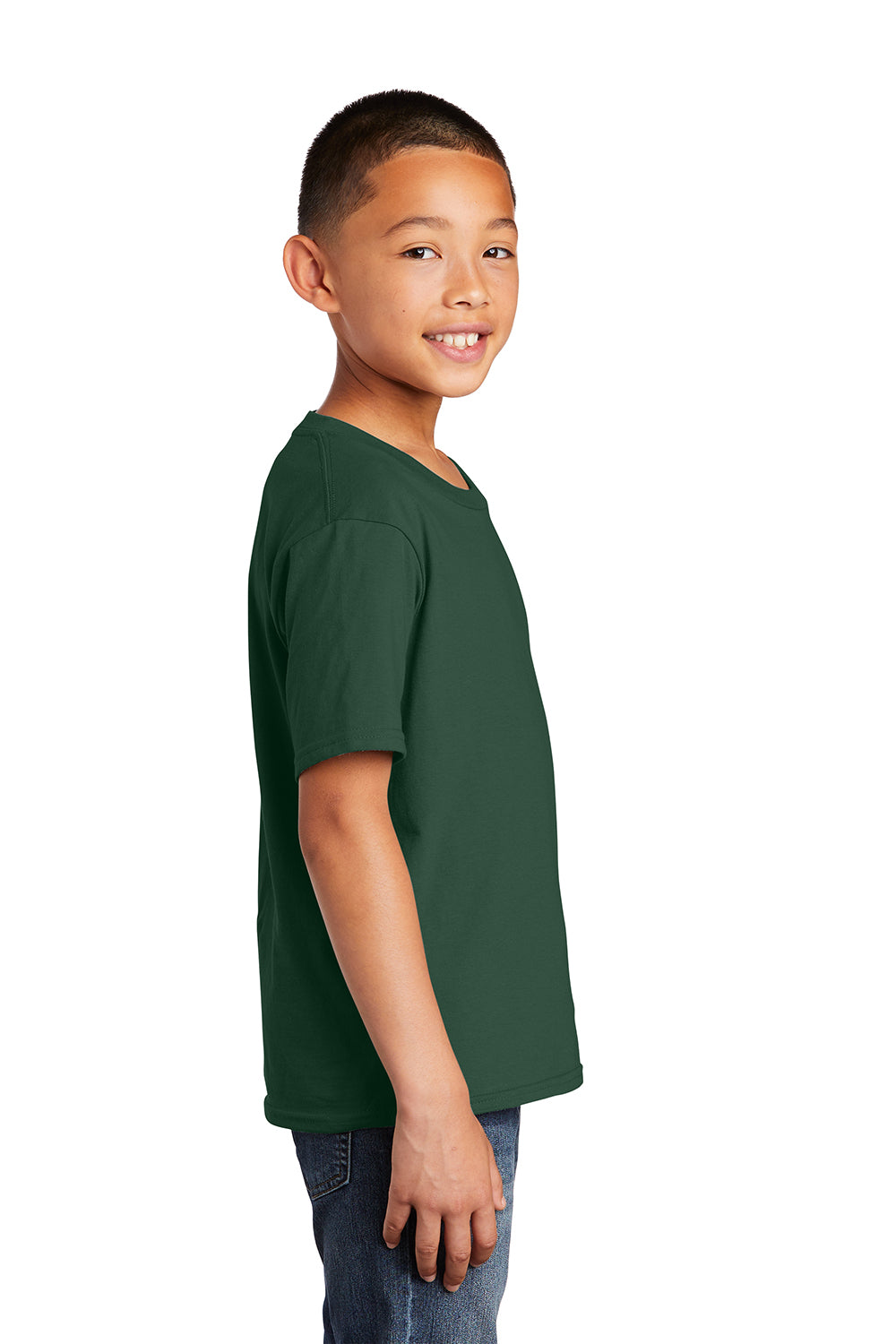 Port & Company PC450Y Youth Fan Favorite Short Sleeve Crewneck T-Shirt Forest Green Model Side