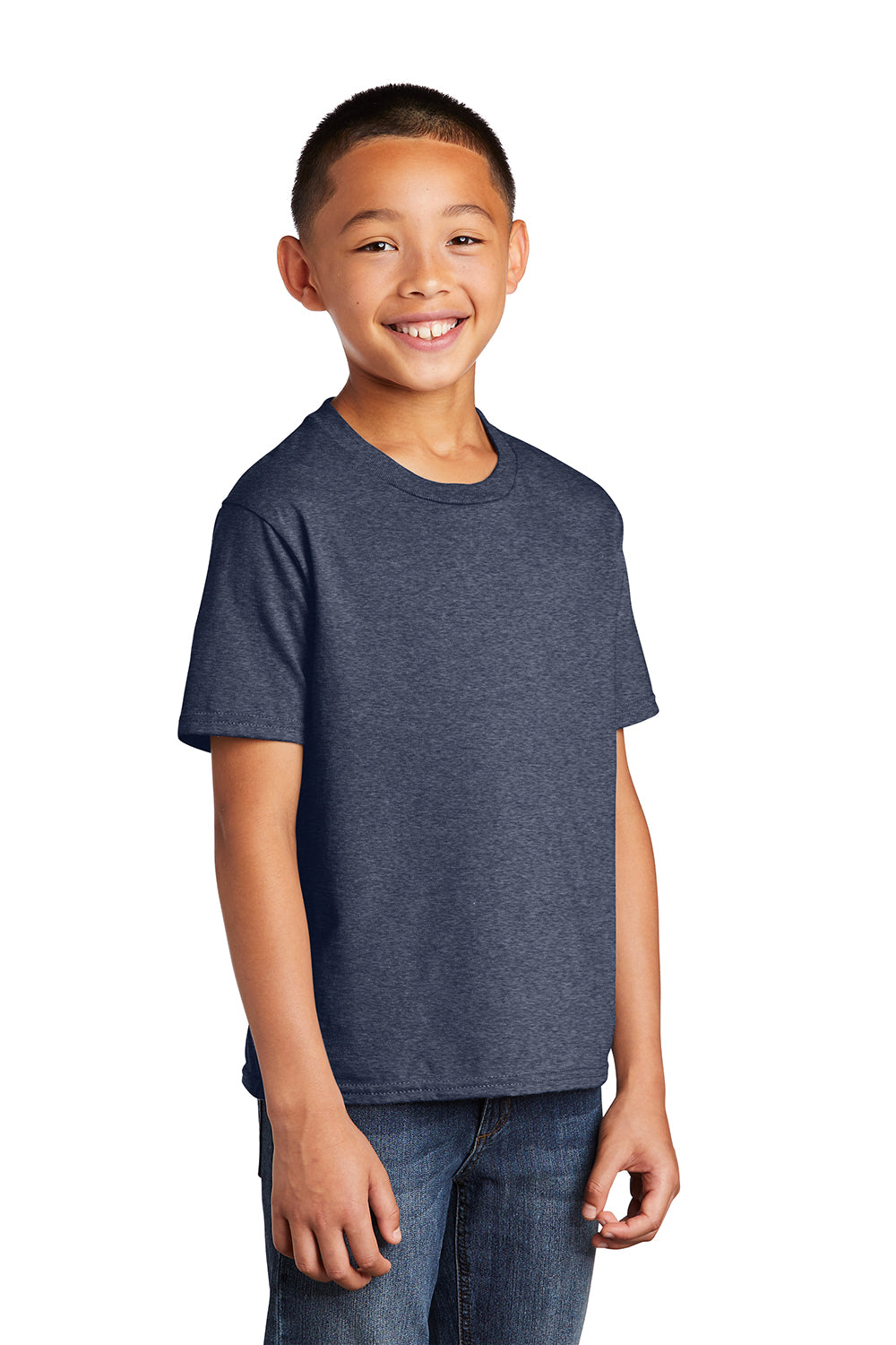 Port & Company PC450Y Youth Fan Favorite Short Sleeve Crewneck T-Shirt Heather Navy Blue Model 3q