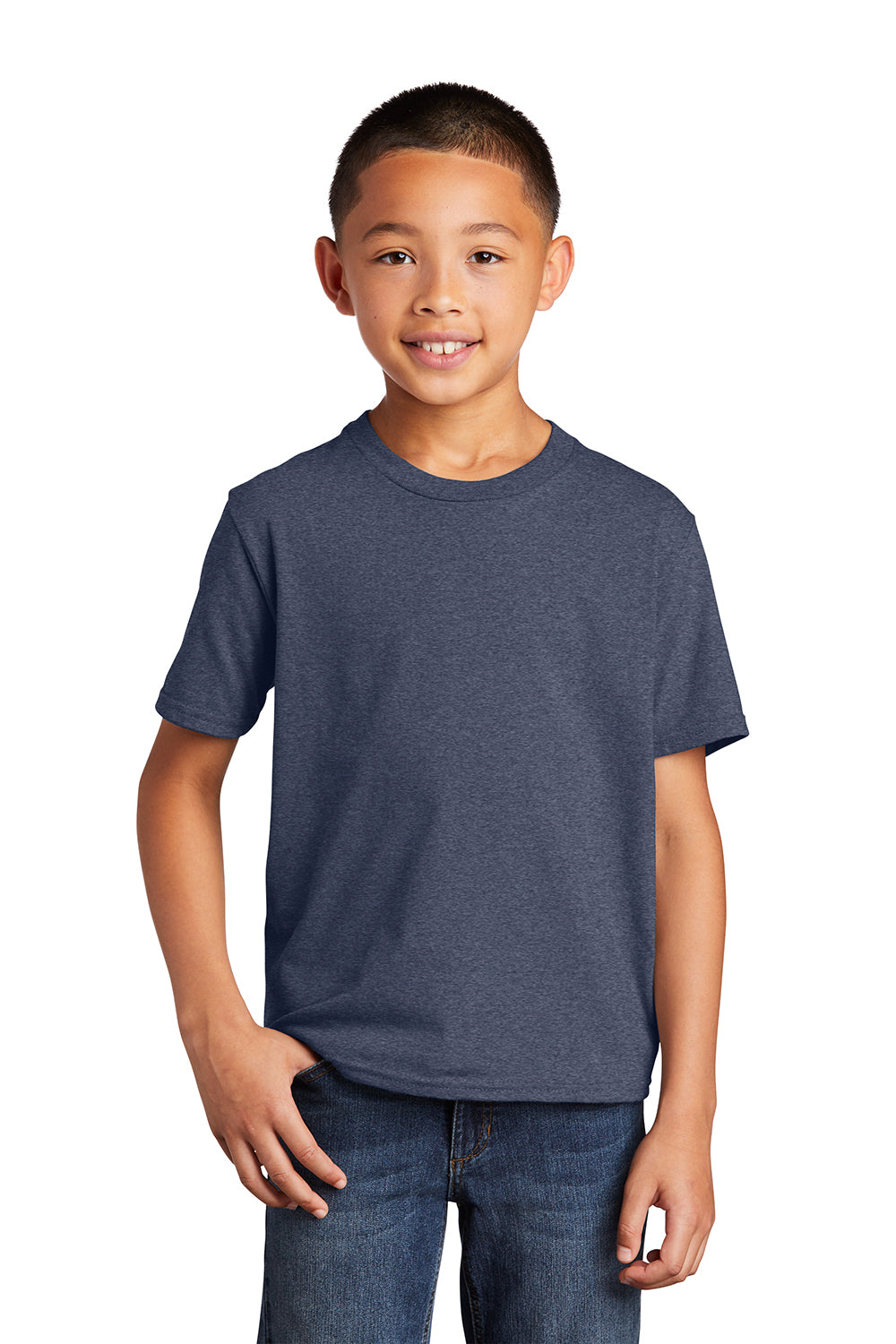 Port & Company PC450Y Youth Fan Favorite Short Sleeve Crewneck T-Shirt Heather Navy Blue Model Front