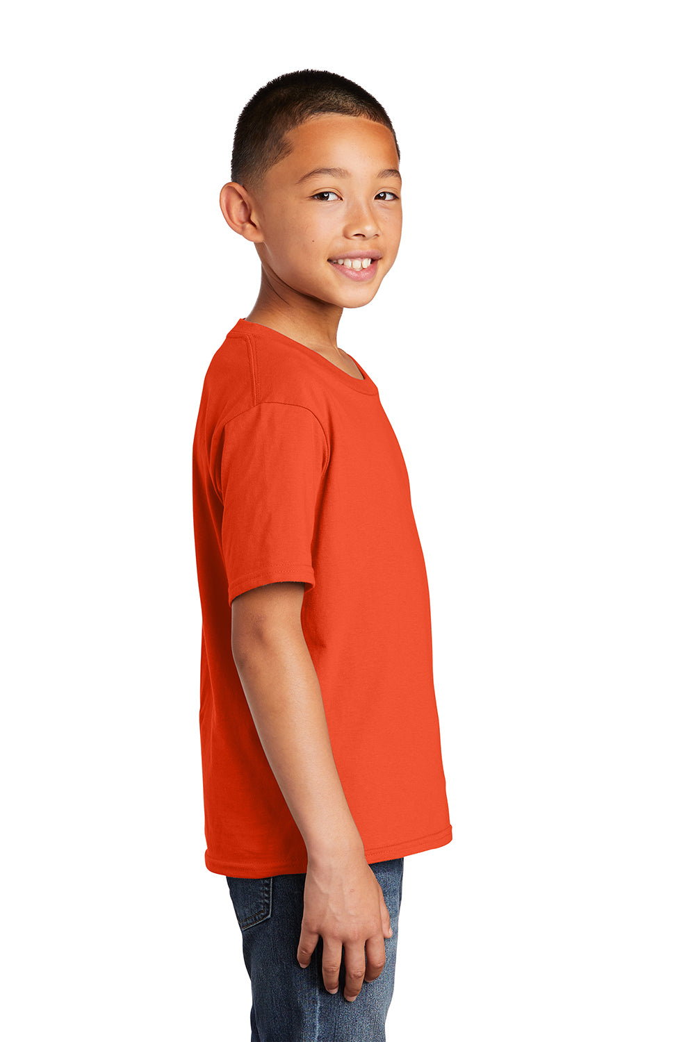 Port & Company PC450Y Youth Fan Favorite Short Sleeve Crewneck T-Shirt Orange Model Side