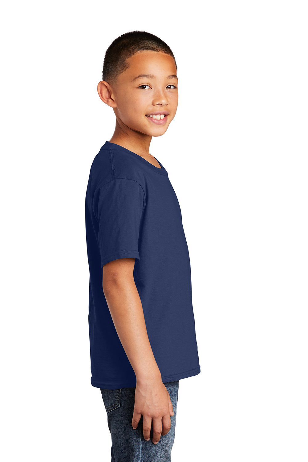 Port & Company PC450Y Youth Fan Favorite Short Sleeve Crewneck T-Shirt Team Navy Blue Model Side