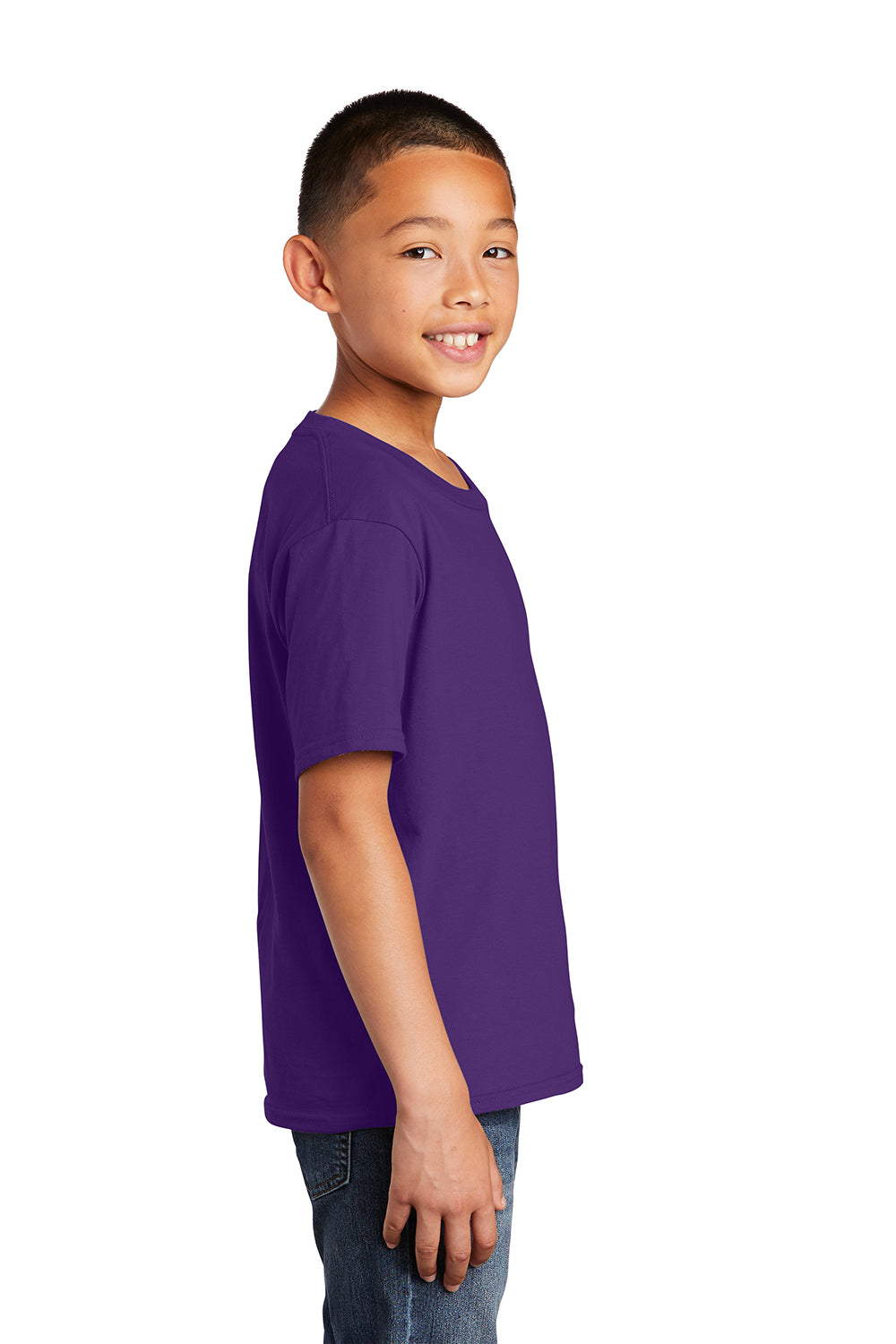 Port & Company PC450Y Youth Fan Favorite Short Sleeve Crewneck T-Shirt Team Purple Model Side