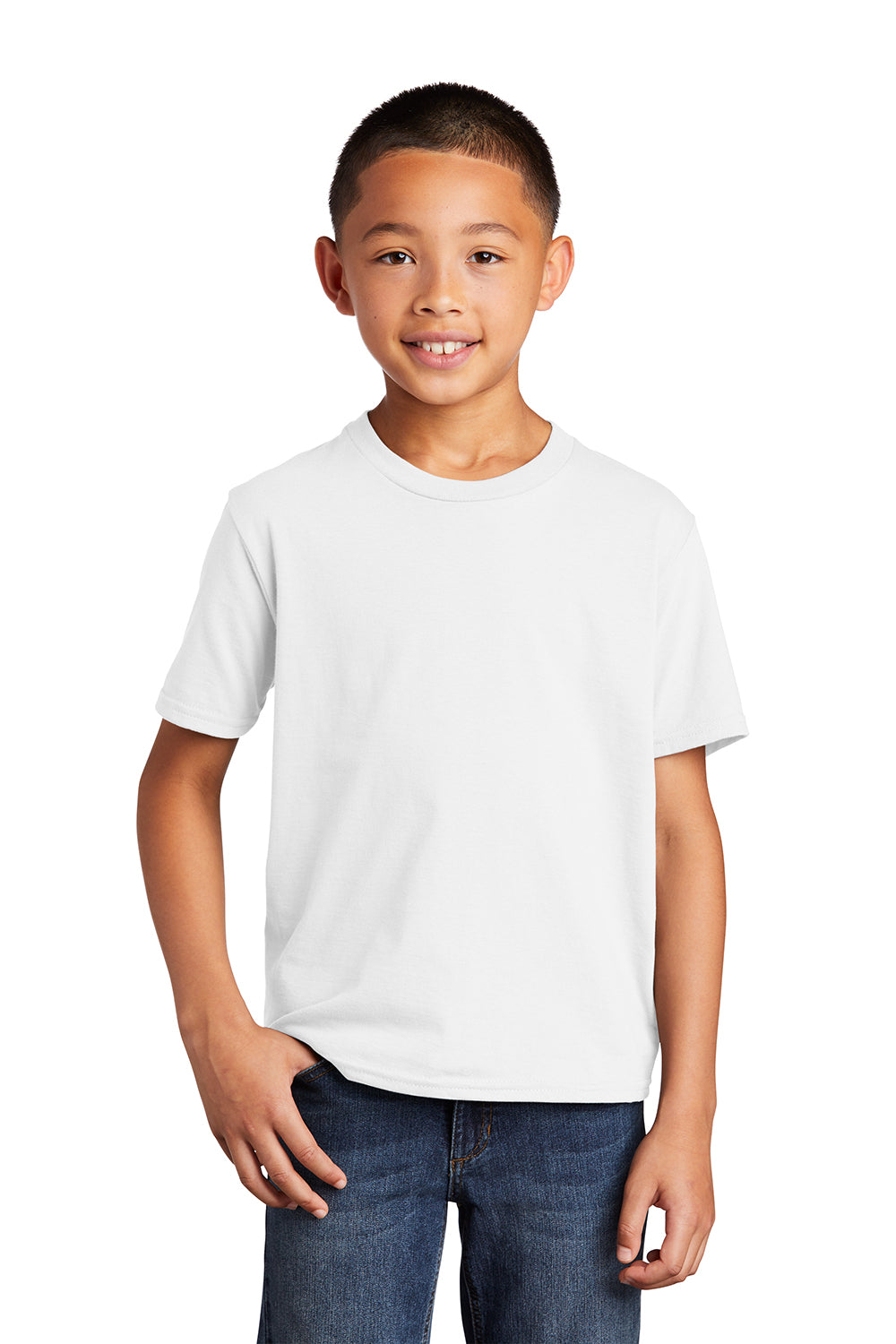 Port & Company PC450Y Youth Fan Favorite Short Sleeve Crewneck T-Shirt White Model Front