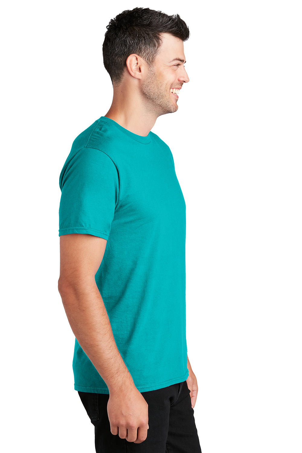 Port & Company PC450 Mens Fan Favorite Short Sleeve Crewneck T-Shirt Bright Aqua Blue Model Side