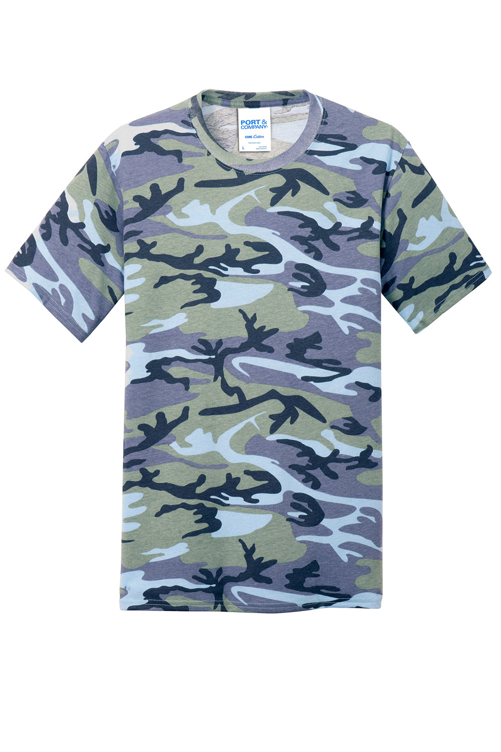 Port & Company PC54C Mens Core Short Sleeve Crewneck T-Shirt Woodland Blue Camo Flat Front