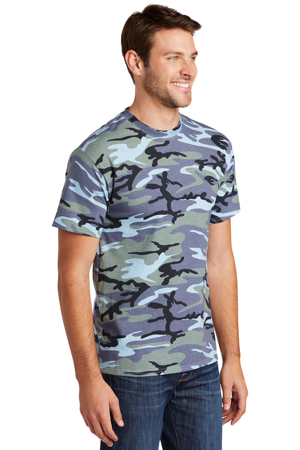 Port & Company PC54C Mens Core Short Sleeve Crewneck T-Shirt Woodland Blue Camo Model 3q