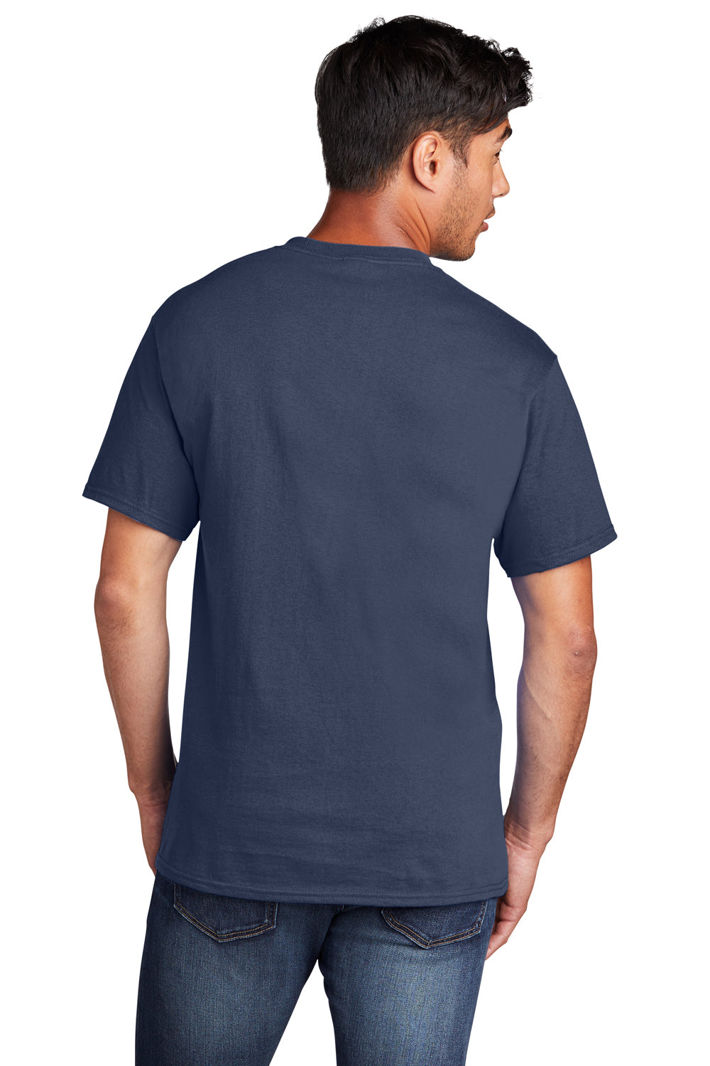 Port & Company PC54DTG Mens Core Cotton DTG Short Sleeve Crewneck T-Shirt Navy Blue Model Back