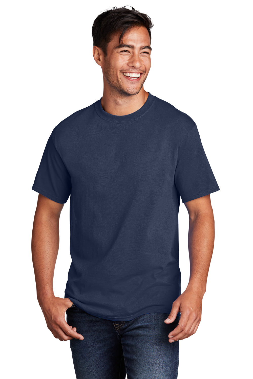 Port & Company PC54DTG Mens Core Cotton DTG Short Sleeve Crewneck T-Shirt Navy Blue Model Front