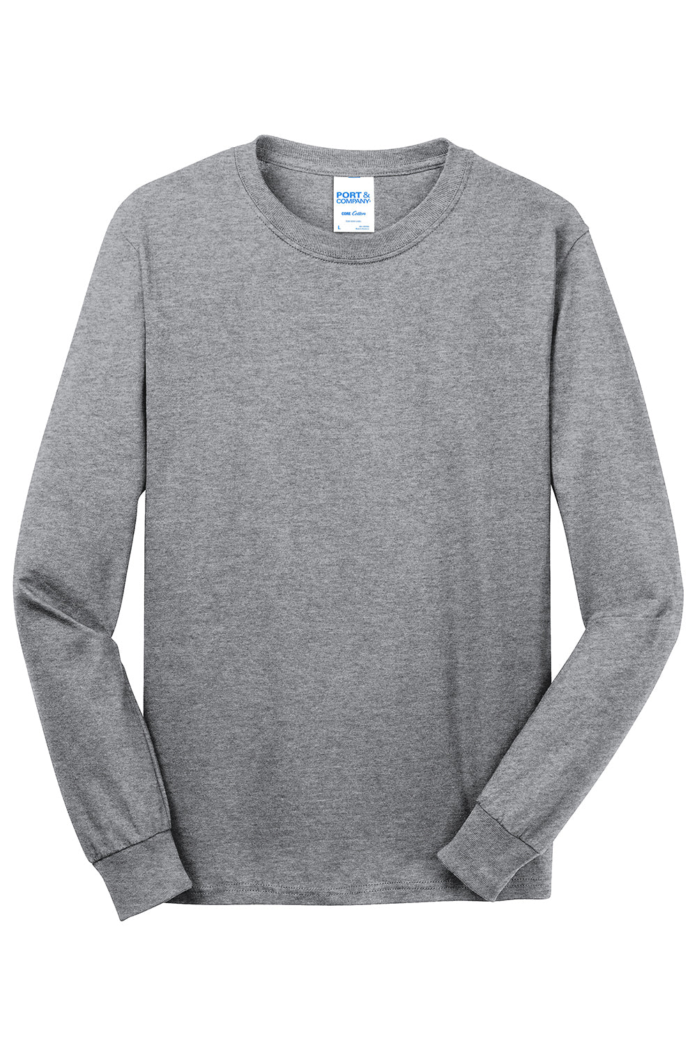 Port & Company PC54LS Mens Core Long Sleeve Crewneck T-Shirt Heather Grey Flat Front