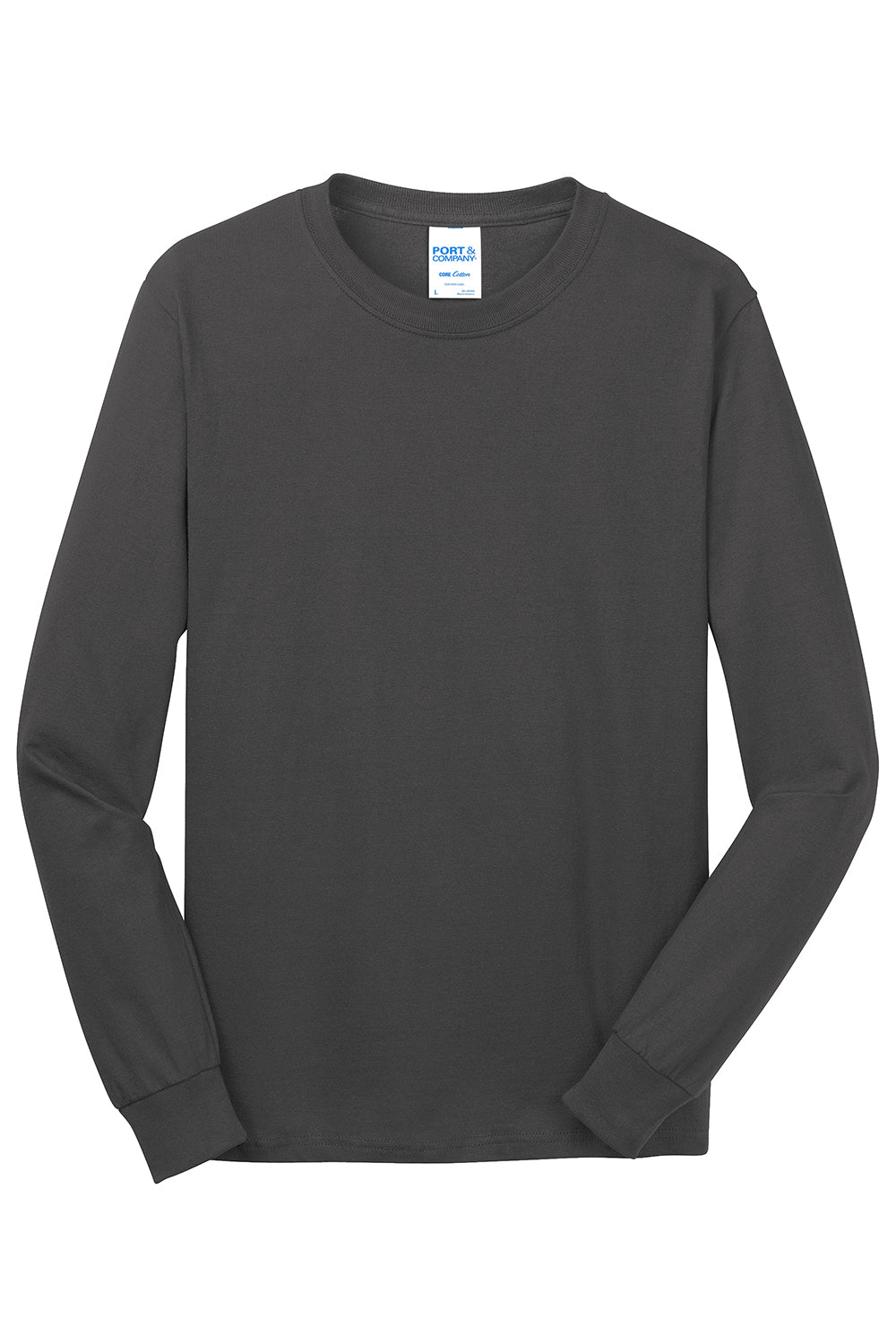 Port & Company PC54LS Mens Core Long Sleeve Crewneck T-Shirt Charcoal Grey Flat Front