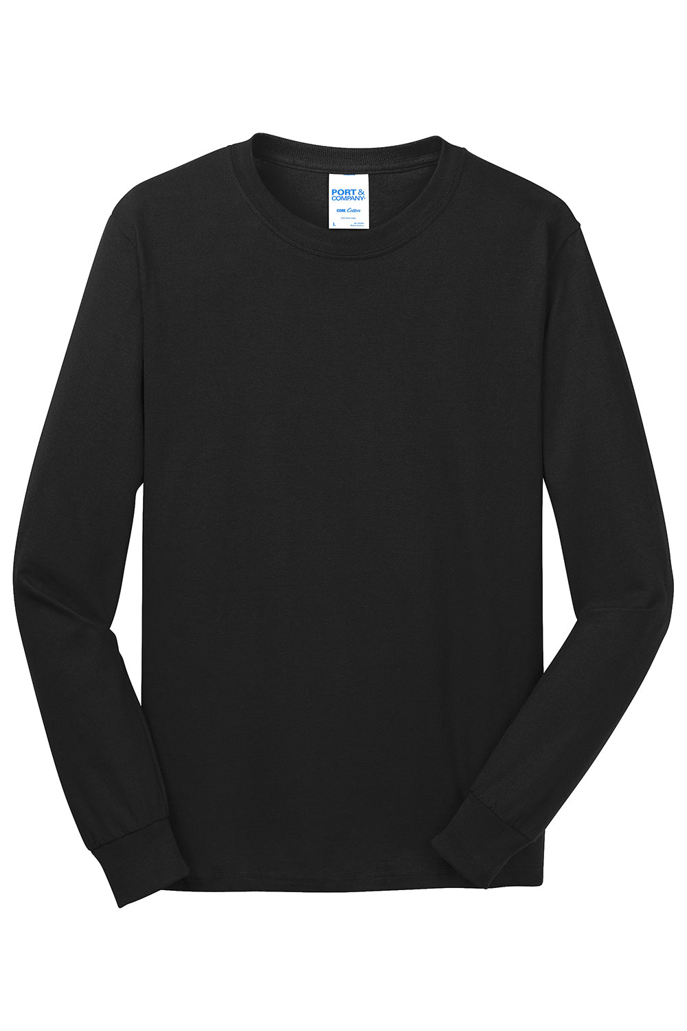 Port & Company PC54LS Mens Core Long Sleeve Crewneck T-Shirt Jet Black Flat Front