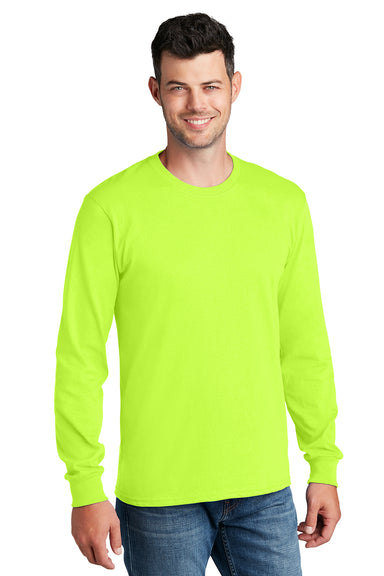 Port & Company PC54LS Mens Core Long Sleeve Crewneck T-Shirt Safety Green Model Front